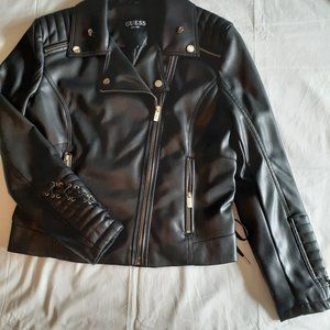 Women's black faux leather Guess biker jacket size XLarge with laces/gold trim